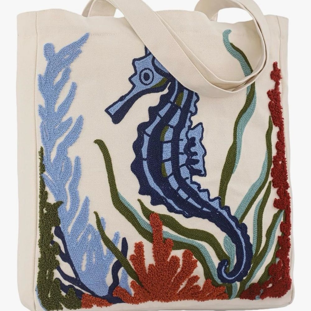 NEW Colorful Seahorse Ocean-Themed Embroidery Tote Bag